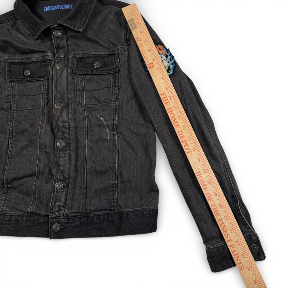 Zadig & Voltaire Noah Faded Black Denim Trucker Jacket Skull Patch Womens 14-S - Picture 10 of 15